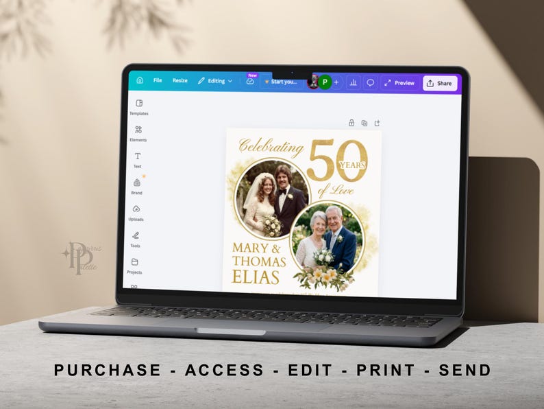 May include: A laptop displays a digital design for a 50th wedding anniversary. The design features two photos, the text "Celebrating 50 Years of Live", and the names "Mary & Thomas Elias". The bottom of the screen shows the words "PURCHASE - ACCESS - EDIT - PRINT - SEND".