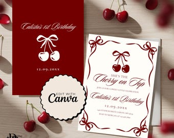 Custom Cherry Invitation, Cherry On Top Invite, Cherry On Top Card, Birthday Invitation Cherry Design, Cherry On Top Party Invite Template