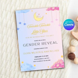 Invitación de revelación de género y de cumpleaños de Twinkle Twinkle Little Star, diseño imprimible con temática de estrellas para celebraciones, invitación de fiesta imprimible
