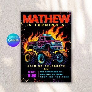 Monster Truck Birthday Invitation Template, Printable Trucks Birthday Invite, Monster Truck Invites Digital Evite