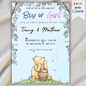 Winnie The Pooh Gender Reveal Invitation,  Printable Gender Reveal Party Invitations, Digital Gender Reveal Invite Template