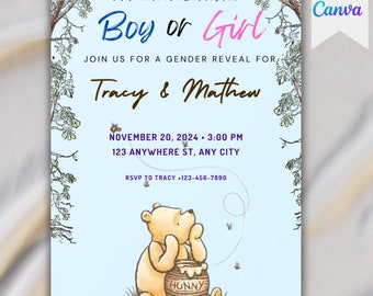 Winnie The Pooh Gender Reveal Invitation,  Printable Gender Reveal Party Invitations, Digital Gender Reveal Invite Template