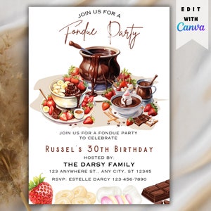 Może przedstawiać: Zaproszenie na imprezę fondue z czekoladą z akwarelową ilustracją garnka do fondue z czekoladą, truskawek, bananów, pianek i kwadratów czekolady. Tekst brzmi: "Dołącz do nas na imprezie fondue, aby uczcić 30. urodziny Russela. Organizowane przez: Rodzinę Darsy. 123 Anywhere St., Any City, ST 12345. RSVP: Estelle Darcy 123-456-7890."
