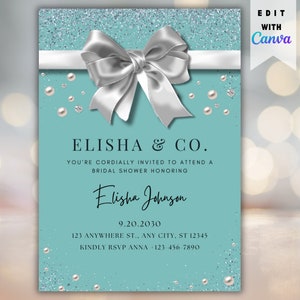 Tiffany Blue Wedding Invitation, White Bow with Aqua Blue Invitation, Diamond Invitation Bridal Shower Wedding Invitation Printable Invite