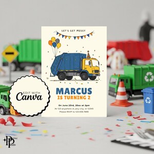 Może przedstawiać: Zaproszenie urodzinowe z kreskówkowym śmieciarką w kolorze niebiesko-żółtym. Tekst brzmi "MARCUS MA 2 LATA" z datą, godziną i danymi RSVP. Projekt zawiera balony, konfetti i frazę "LET'S GET MESSY".