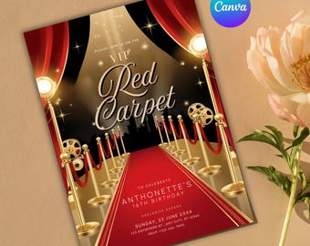 Faire-part tapis rouge, première d&#39;un film hollywoodien, invitation à une fête imprimable, célébrer avec style avec glamour et élégance