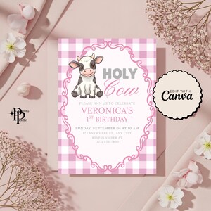 Heilige koe, ik ben één verjaardagsuitnodiging, heilige koe eerste verjaardag Evite, koe 1e verjaardag uitnodigen, koe feest uitnodigen koe meisje eerste verjaardag uitnodigen