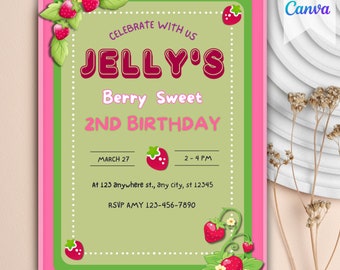 Plantilla de invitación de cumpleaños de Tarta de Fresa, invitaciones imprimibles para fiesta de cumpleaños, plantilla digital para invitación de cumpleaños
