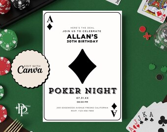 May include: Poker night invitation with a white background and black diamond symbol. The invitation includes the text "Allan's 30th Birthday" and "Poker Night". Poker chips and playing cards are scattered around the invitation on a green surface.