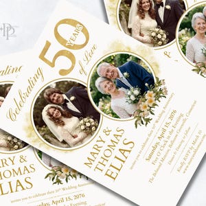 May include: Cream-colored wedding anniversary invitations with gold text and accents. The invitations feature photos of the couple, the text "50 Years of Love," and event details. The names "Mary & Thomas Elias" are prominently displayed.