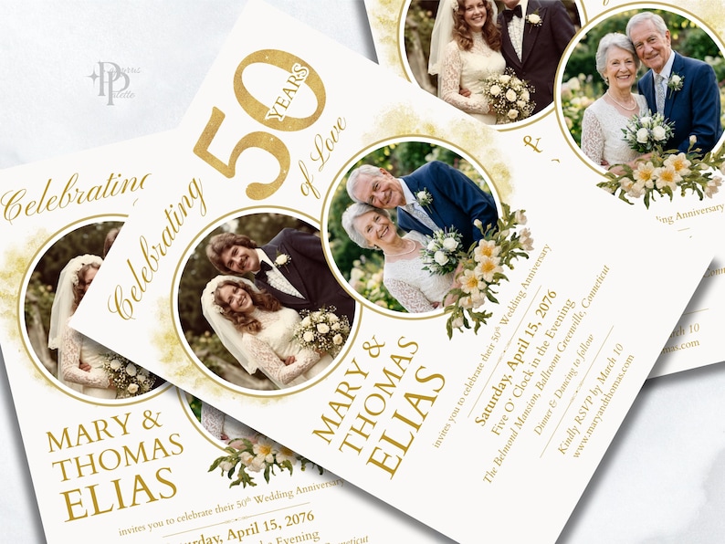 May include: Cream-colored wedding anniversary invitations with gold text and accents. The invitations feature photos of the couple, the text "50 Years of Love," and event details. The names "Mary & Thomas Elias" are prominently displayed.