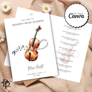 Op de afbeelding: Een witte uitnodigingskaart voor een muziekrecital met een aquarelillustratie van een viool met muzieknoten. De kaart bevat de tekst "Melody's Music Academy" en "Music Recital". De datum en tijd zijn ook inbegrepen.