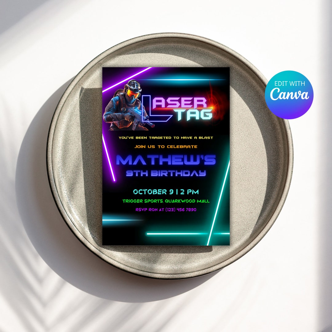 Editable Neon Laser Tag Birthday Invite Template Printable Laser Quest ...