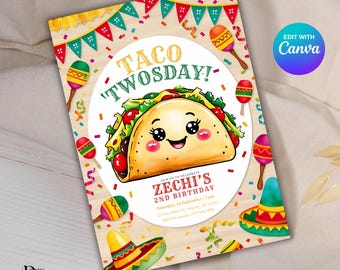 Taco Twosday Invite - Fiesta Birthday Party Invitation - Taco Bout Love Theme - Editable Taco Tuesday Party Template