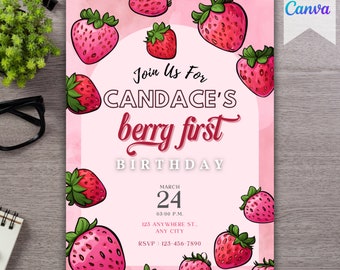 Plantilla de cumpleaños de invitación de Tarta de Fresa, Invitación de cumpleaños de Tarta de Fresa, Invitación de fiesta digital, Invitación de fiesta imprimible