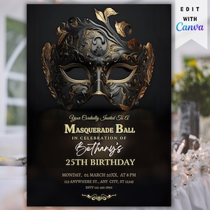 Masquerade Ball Invite, Masquerade Invitation, Masquerade Ball Editable Birthday Invitation, Printable Party Invitation, Masquerade Invite