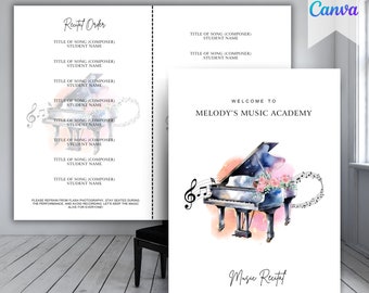 May include: A printable music recital program template with a watercolor illustration of a grand piano with musical notes and flowers. The text reads "Welcome to Melody's Music Academy" and "Music Recital Saturday, June 19 at 3PM".