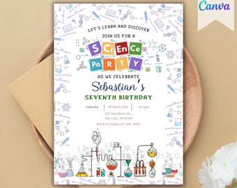 Może przedstawiać: Zaproszenie na imprezę o tematyce naukowej z napisem "Science Party" w kolorowych literach. Zaproszenie zawiera imię "Sebastian's" i "Seventh Birthday". Projekt zawiera ilustracje naukowe i logo Canva.