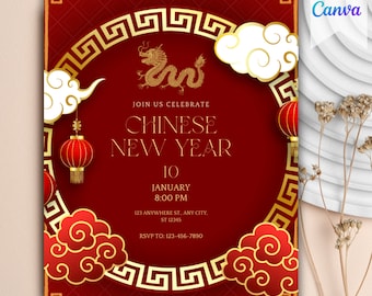 Chinese New Year Invitation Template - Canva - Festive Lunar New Year Card Party Invite- DIY Digital Download for Prosperous Celebrations