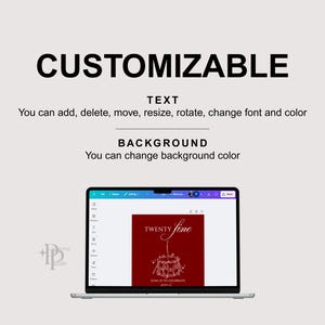 May include: A laptop displays a customizable design with the text "TWENTY fine" in white on a red background. The image highlights text and background editing options, including font, color, and size adjustments.
