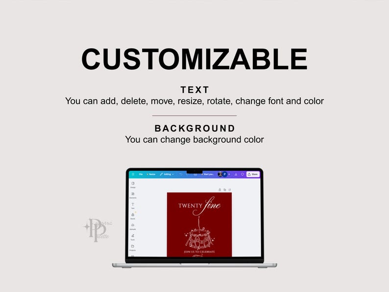 May include: A laptop displays a customizable design with the text "TWENTY fine" in white on a red background. The image highlights text and background editing options, including font, color, and size adjustments.