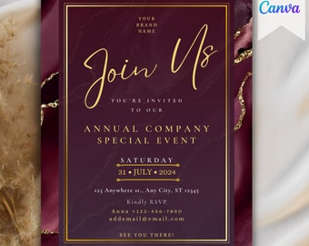 Puede incluir: Una invitación de color burdeos y dorado con un fondo de mármol. La invitación dice "Join Us" e invita a un evento especial anual de la empresa el sábado 31 de julio de 2024. La invitación incluye la dirección, la información de RSVP y el texto "¡Nos vemos allí!"