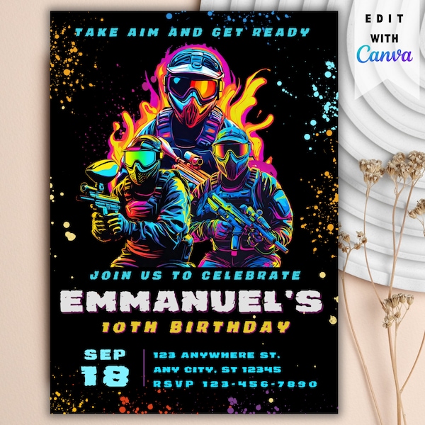 Paintball Invitation Editable Birthday Invitation Template, Printable Birthday Party Invitations, Digital Bday Party Invite Template