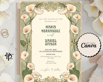 Puede incluir: Invitación de boda con un diseño floral crema y verde, con calas. La invitación incluye los nombres Maria Hernandez y Daniel Givson, detalles del evento e información de RSVP. El diseño es de estilo Art Nouveau.