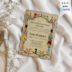 May include: A medieval-style invitation with a gold, red, and blue crest featuring a dragon. The invitation reads "Hail, fair Lords and Ladies of the realm!" and is for Lady Elizabeth's 14th year. The invitation is for a gathering on Sunday, October 8th at Sir Richmond Castle, 123 Anywhere St, Any City. RSVP to Lady Olivia: 123-456-7890.