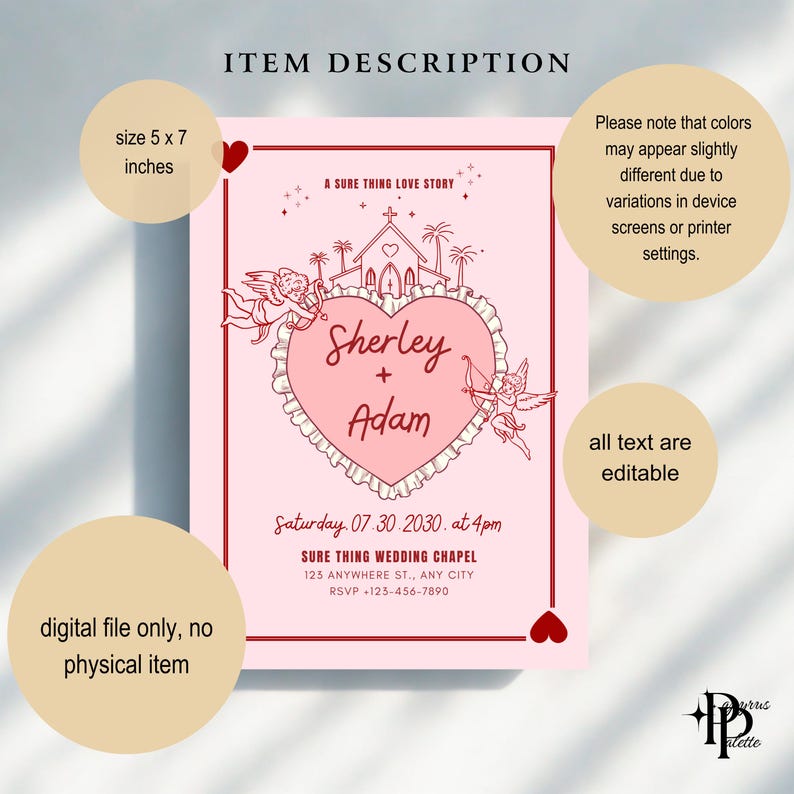 May include: A pink wedding invitation with a heart-shaped design featuring the names "Sherley + Adam." The invitation includes the text "A Sure Thing Love Story" and details for the wedding chapel. The invitation is 5 x 7 inches.
