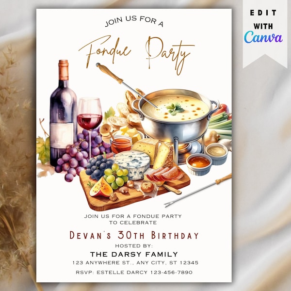 Fondue Invite, Fondue Party Invitation, Fondue Dinner Invite, Cheese Fondue Invitation, Printable Party Invitation, Digital Party Invite