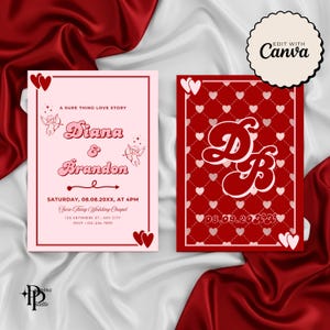 May include: Two wedding invitation cards. The left card is light pink with the names "Diana & Brandon" and event details. The right card is red with the initials "DB" and the date. Both cards have heart designs.