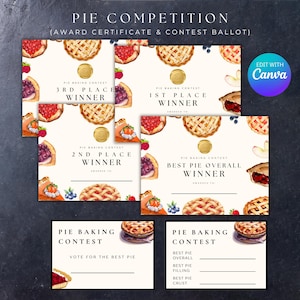 Puede incluir: Un conjunto de certificados imprimibles para un concurso de horneado de tartas y una papeleta de votación. Los certificados están decorados con ilustraciones de acuarela de tartas y frutas. El texto en los certificados dice "Concurso de horneado de tartas" y "1er premio", "2º premio", "3er premio" y "Mejor tarta en general". La papeleta de votación tiene un espacio para que los votantes escriban el nombre de la mejor tarta en general, el mejor relleno de tarta y la mejor corteza de tarta.