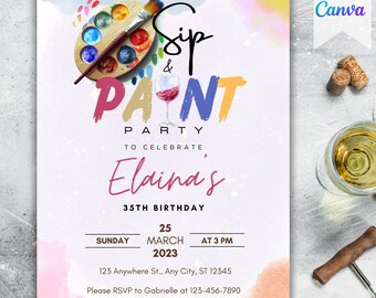 Sip and Paint Party Invitation: Editable Canva Template (PDF, JPEG, PNG)