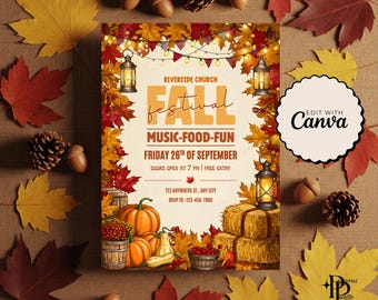 May include: A fall festival invitation with pumpkins, hay bales, and autumn leaves. The text reads "Riverside Church Fall Festival, Music-Food-Fun, Friday 26th of September." Decorative lanterns and acorns surround the invitation. The image is on a brown background.