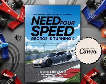 Invitación de cumpleaños de "Necesito cuatro velocidades": invitación imprimible para fiesta de 4.º cumpleaños de un auto de carreras, descarga digital de la invitación de "4 velocidades"