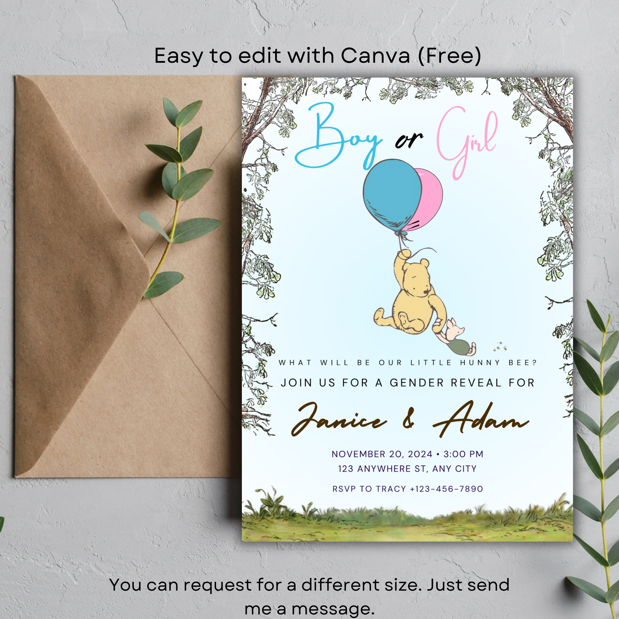 Winnie the Pooh Gender Reveal Invitation, Printable Gender Reveal Party
