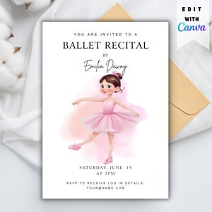May include: Invitation to a ballet recital for Emilia Dawny, featuring a cartoon illustration of a ballerina in a pink tutu, with the date and time of the event: Saturday, June 19 at 3 PM. RSVP details are included: YOUR@NAME.COM.