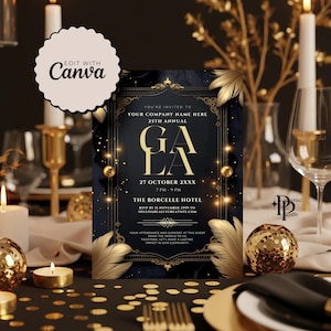 Könnte beinhalten: Eine elegante Einladung für eine Gala-Veranstaltung. Das Design zeigt einen dunkelblauen Hintergrund mit goldenen Akzenten, darunter dekorative Federn und funkelnde Lichter. Der Text lautet "GA LA" und enthält Eventdetails.