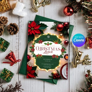 Bearbeitbares Weihnachtsessen Einladung - Weihnachtsmittagseinladung, Nikolausmütze einladen, Heiligabendessen einladen, Weihnachtsmittagseinladung