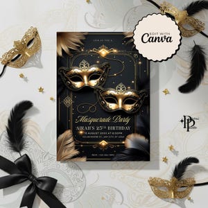 Masquerade Ball Editable Birthday Invitation Template, Printable Birthday Party Invitations, Digital Bday Party Invite Template
