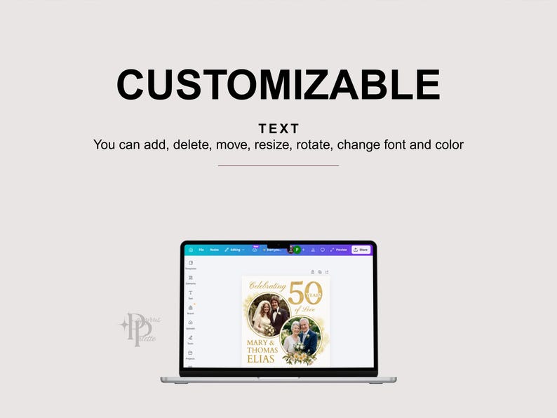 May include: A laptop displays a customizable 50th-anniversary design. The text on the screen reads "Celebrating 50 Years of Love" with space for photos and names. The words "CUSTOMIZABLE TEXT" are above the laptop.