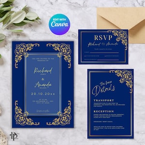 Faire-part de mariage bleu royal et or, faire-part de mariage bleu royal, modèle de faire-part de mariage bleu royal, invitation de fête imprimable
