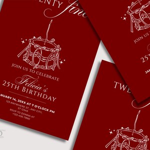 May include: Burgundy-colored birthday invitations with white text and illustrations. The design features a cake illustration and the text "Join us to celebrate Felicia's 25th Birthday" with event details. The invitations are rectangular.
