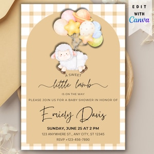 Lamb Baby Shower Invite editable Canva Template - Cute Gender-Neutral Lamb Theme - DIY Printable Invitations - Instant Download