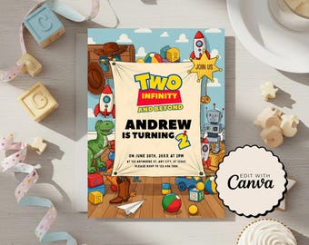 Two Infinity and Beyond Birthday Invitation, Toy Theme 2nd Birthday Party Invite, Kids Printable Birthday Invitation, Editable Template