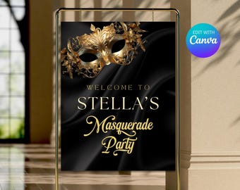 Letrero de bienvenida para baile de máscaras, plantilla de invitación de cumpleaños editable (se vende por separado): invitaciones de fiesta imprimibles para su celebración