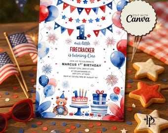 Invito per il 1° compleanno del 4 luglio, invito per il compleanno rosso e blu, invito per il Memorial Day, invito per la festa di compleanno patriottica stampabile