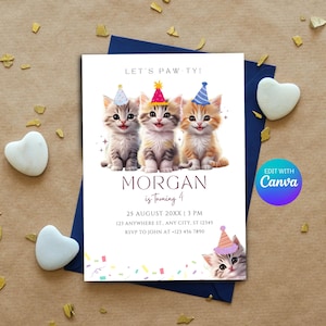 Kitty Card Invite Kids Editable Birthday Invitation Template | Printable Party Invite, Digital Template for Fun Birthdays