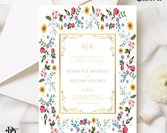May include: A white wedding invitation with a gold floral border and a gold frame. The text inside the frame reads "Henrietta Mitchell and Richard Sanchez" and "23.10.23".